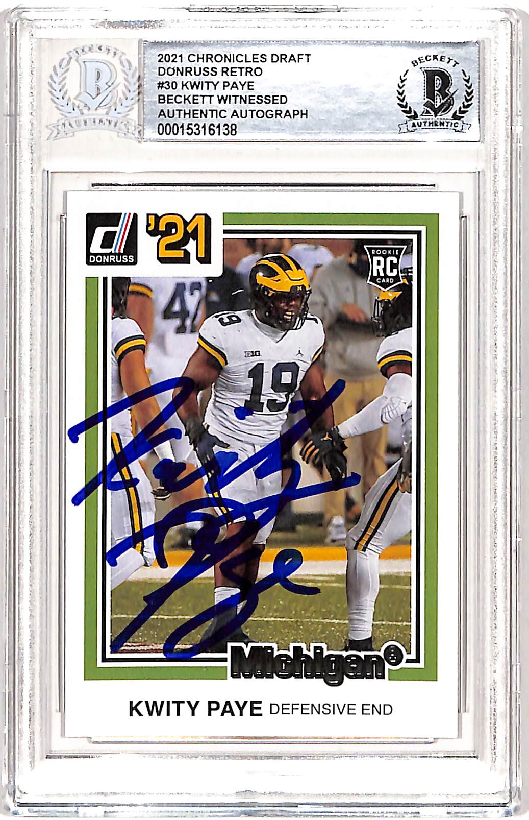 Kwity Paye Donruss Chronicles 2021 #19 Signed Card Slabbed Beckett-Powers Sports Memorabilia