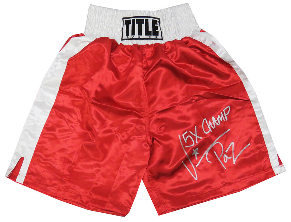 Vinny 'Paz' Pazienza Autographed Title Red With White Trim Boxing Trunks with 5x Champ-Powers Sports Memorabilia