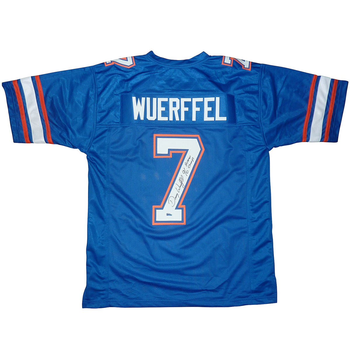 Autographed Danny Wuerffel Florida Gators (Blue #7) Custom Jersey w/ "96 Heisman Champs"-Powers Sports Memorabilia