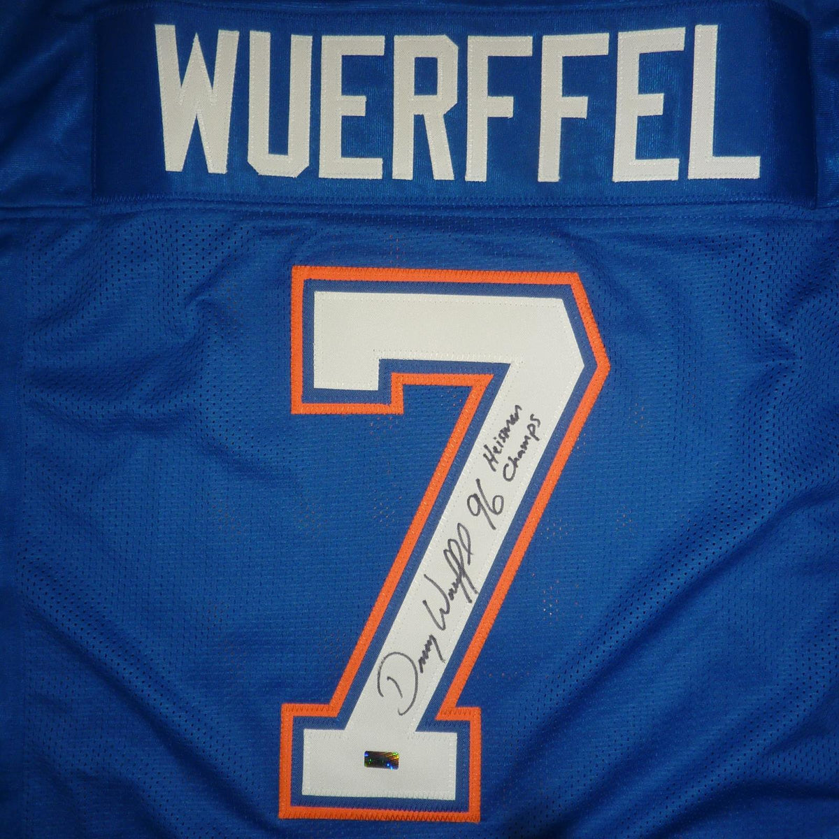 Autographed Danny Wuerffel Florida Gators (Blue #7) Custom Jersey w/ "96 Heisman Champs"-Powers Sports Memorabilia