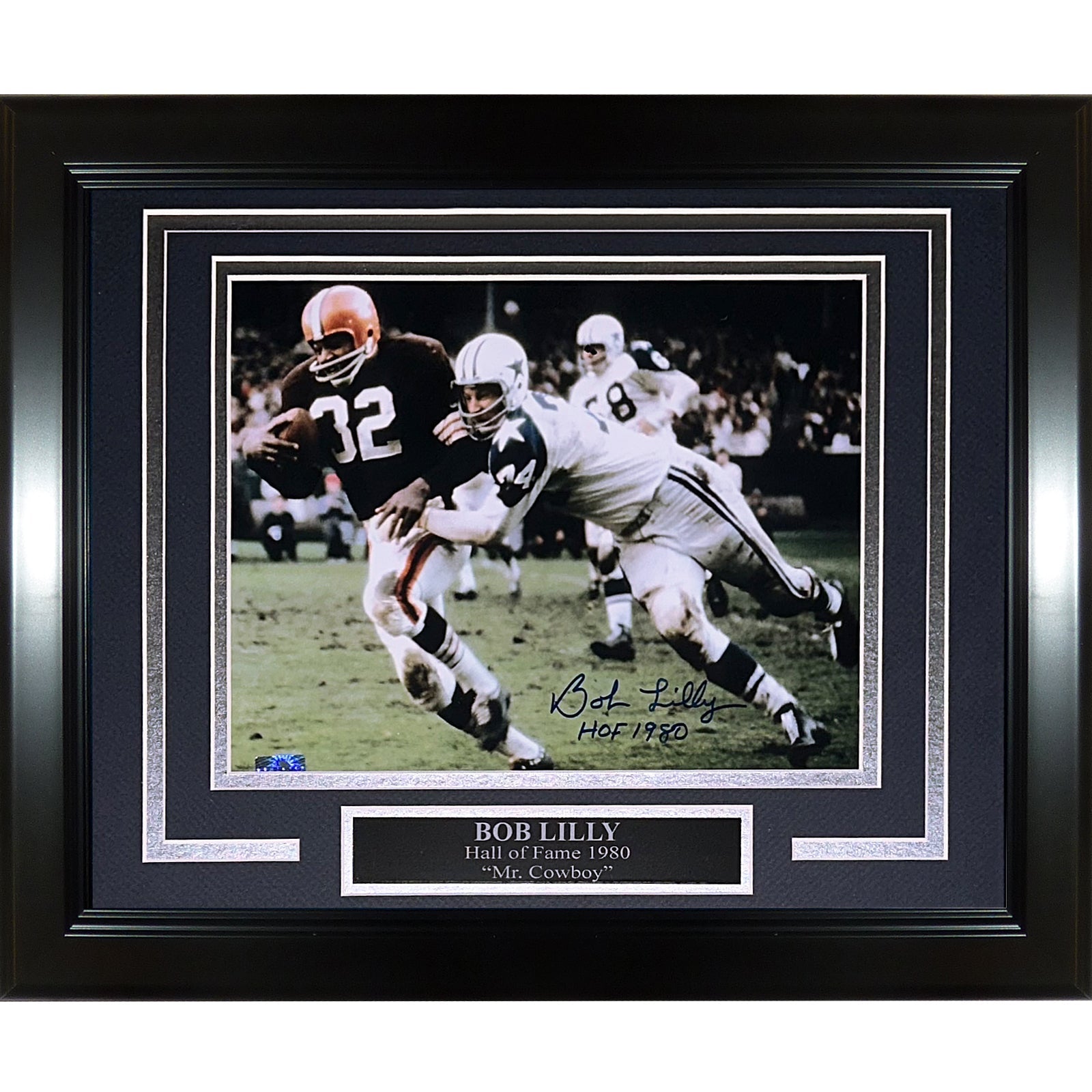Autographed Bob Lilly Dallas Cowboys (Tackling Jim Brown) Deluxe Framed 8x10 Photo-Powers Sports Memorabilia