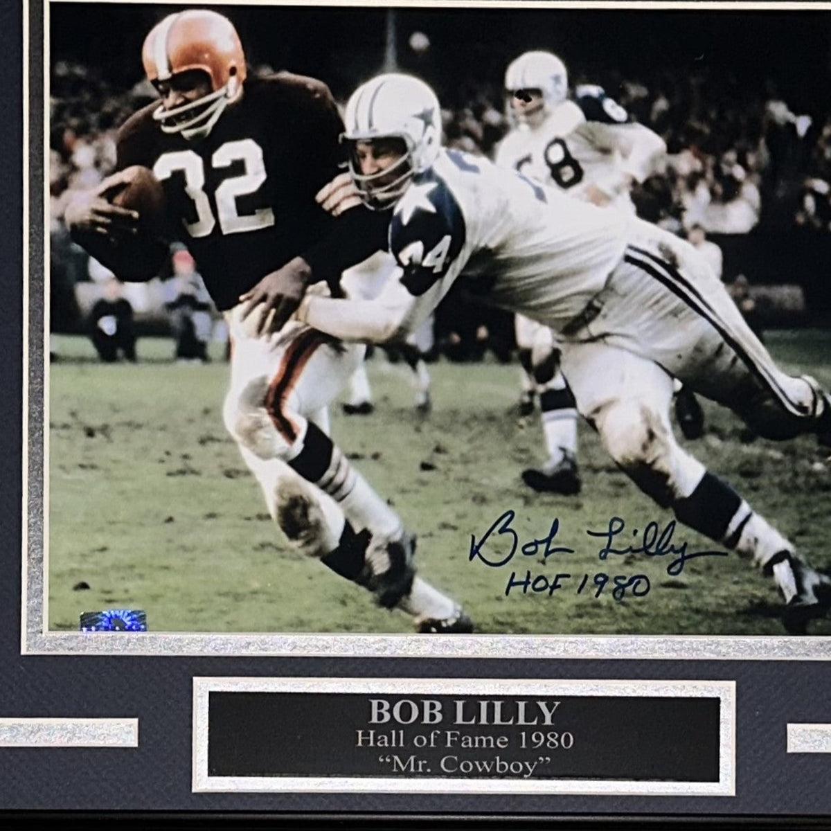 Autographed Bob Lilly Dallas Cowboys (Tackling Jim Brown) Deluxe Framed 8x10 Photo-Powers Sports Memorabilia