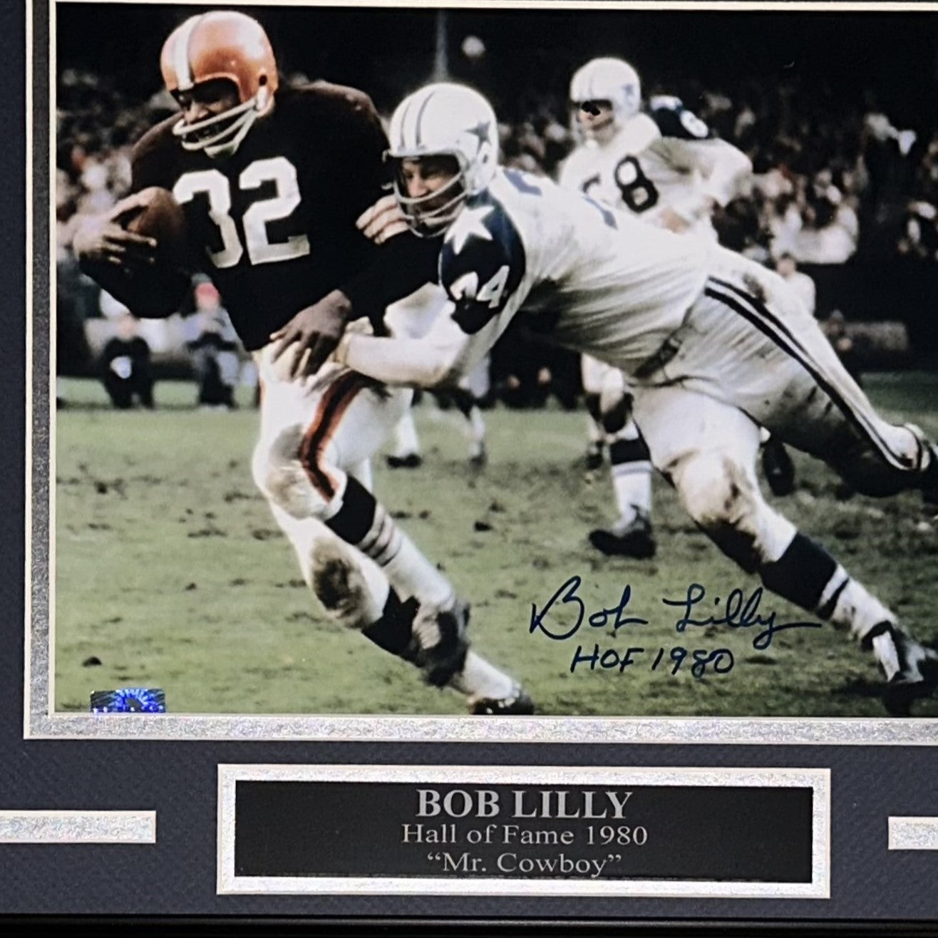 Autographed Bob Lilly Dallas Cowboys (Tackling Jim Brown) Deluxe Framed 8x10 Photo-Powers Sports Memorabilia
