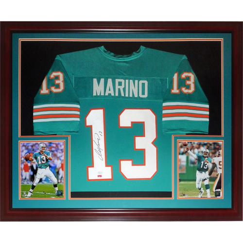 Autographed Dan Marino Miami Dolphins (Teal #13) Deluxe Framed Jersey - Marino Holo-Powers Sports Memorabilia