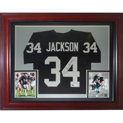 Autographed Bo Jackson Oakland Raiders (Black #34) Deluxe Framed Jersey - Beckett-Powers Sports Memorabilia