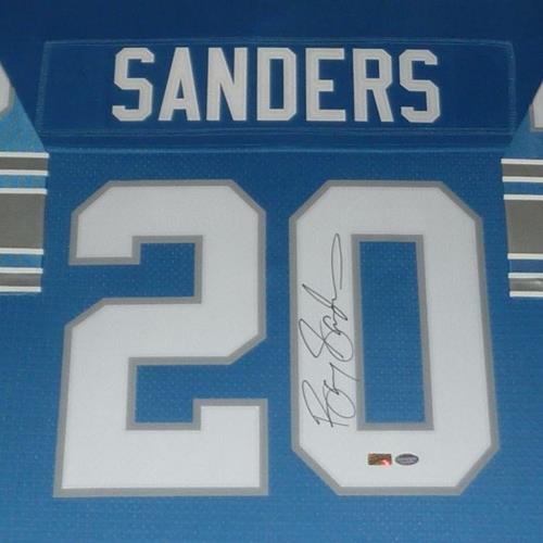 Autographed Barry Sanders Detroit Lions (Blue #20) Deluxe Framed Jersey - Schwartz-Powers Sports Memorabilia