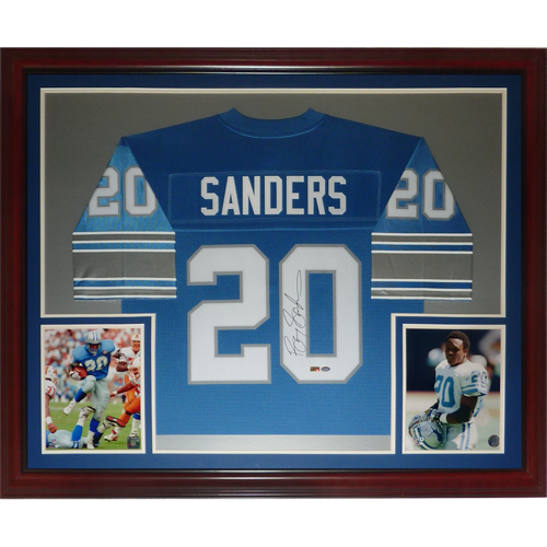 Autographed Barry Sanders Detroit Lions (Blue #20) Deluxe Framed Jersey - Schwartz-Powers Sports Memorabilia