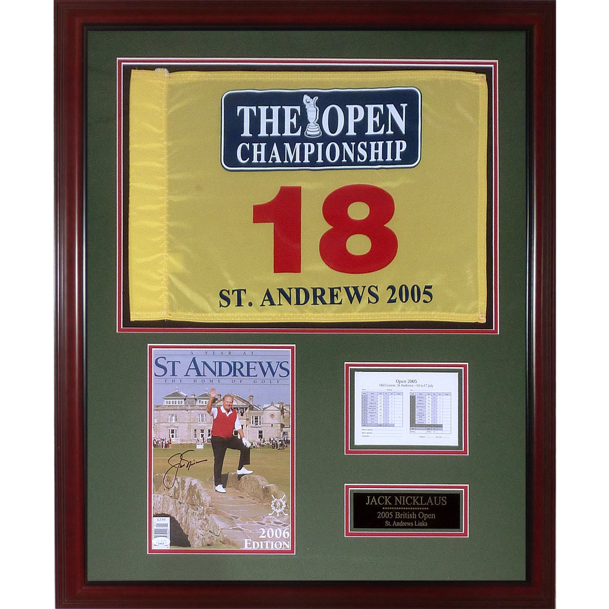 Autographed Jack Nicklaus 2005 British Open Program (Last Open at St. Andrews) Deluxe Framed with Flag and Photo - JSA-Powers Sports Memorabilia