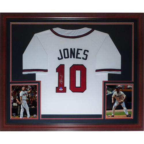 Autographed Chipper Jones Atlanta Braves (White #10) Deluxe Framed Jersey - Beckett-Powers Sports Memorabilia