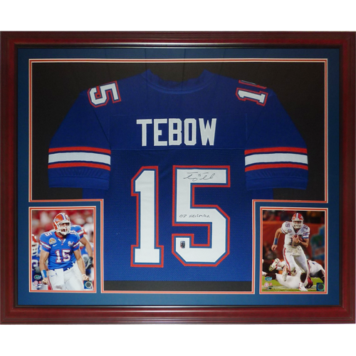 Autographed Tim Tebow Florida Gators (Blue #15) Deluxe Framed Jersey w/ "07 Heisman" - Tebow Holo-Powers Sports Memorabilia