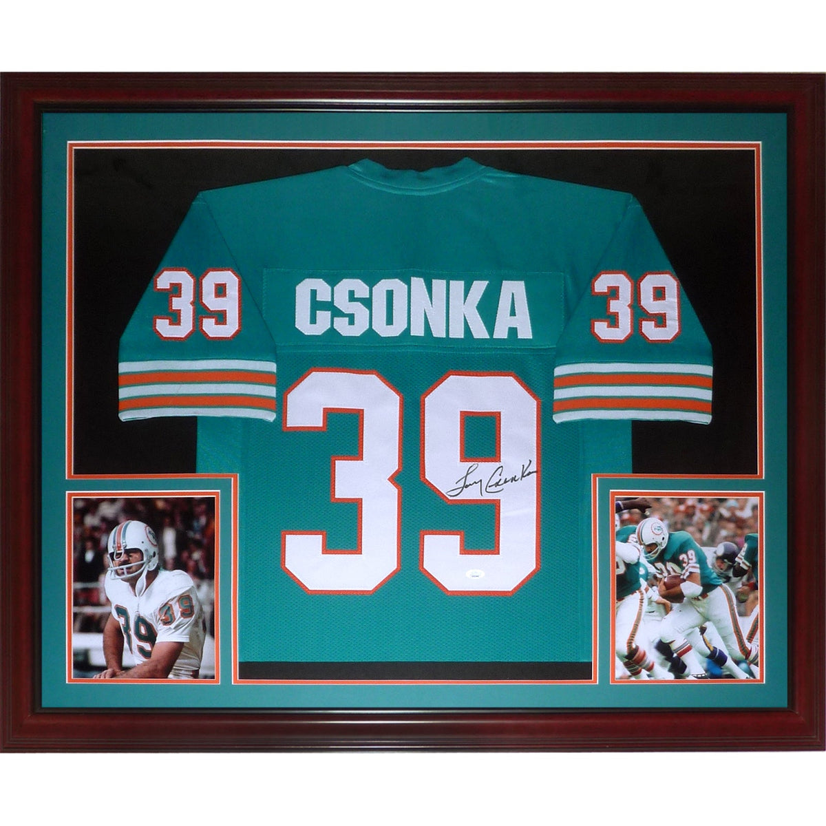 Autographed Larry Csonka Miami Dolphins (Teal #39) Deluxe Framed Jersey - JSA-Powers Sports Memorabilia
