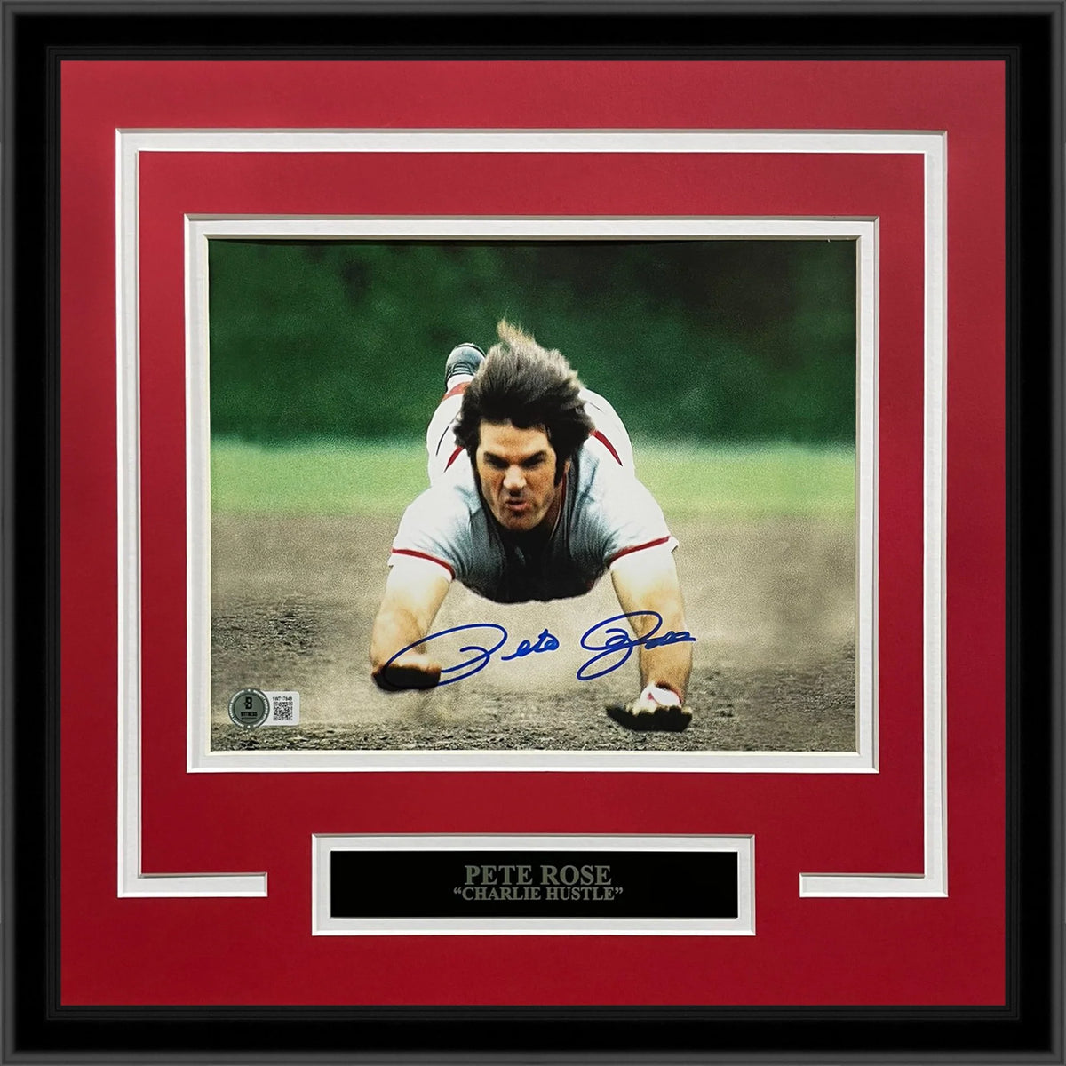 Autographed Pete Rose Cincinnati Reds (Head First Slide) Deluxe Framed 8x10 Photo - JSA-Powers Sports Memorabilia