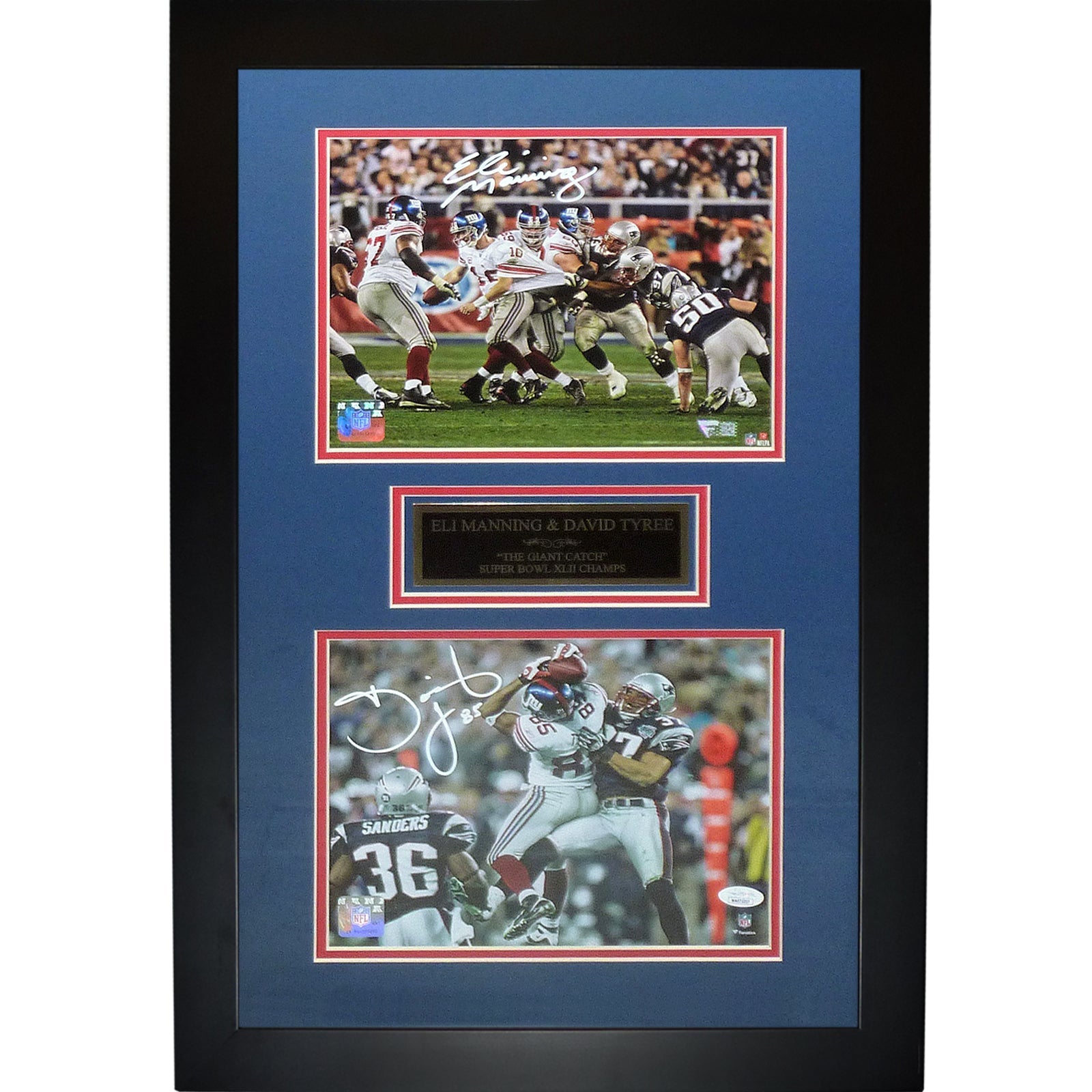 Autographed Eli Manning And David Tyree New York Giants (Super Bowl XLII Catch) Deluxe Framed 8x10 Piece - JSA/Fanatics-Powers Sports Memorabilia