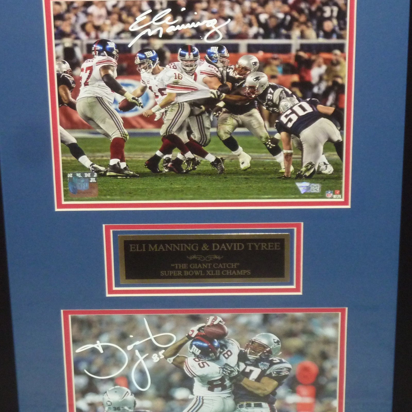 Autographed Eli Manning And David Tyree New York Giants (Super Bowl XLII Catch) Deluxe Framed 8x10 Piece - JSA/Fanatics-Powers Sports Memorabilia