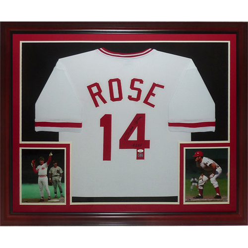 Autographed Pete Rose Cincinnati Reds (White #14) Deluxe Framed Jersey w/ "4256' - JSA-Powers Sports Memorabilia