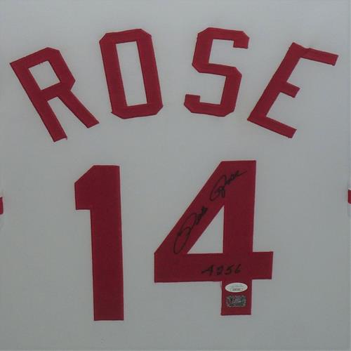 Autographed Pete Rose Cincinnati Reds (White #14) Deluxe Framed Jersey w/ "4256' - JSA-Powers Sports Memorabilia