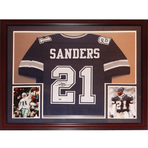 Autographed Deion Sanders Dallas Cowboys (Blue #21) Deluxe Framed Jersey - JSA-Powers Sports Memorabilia