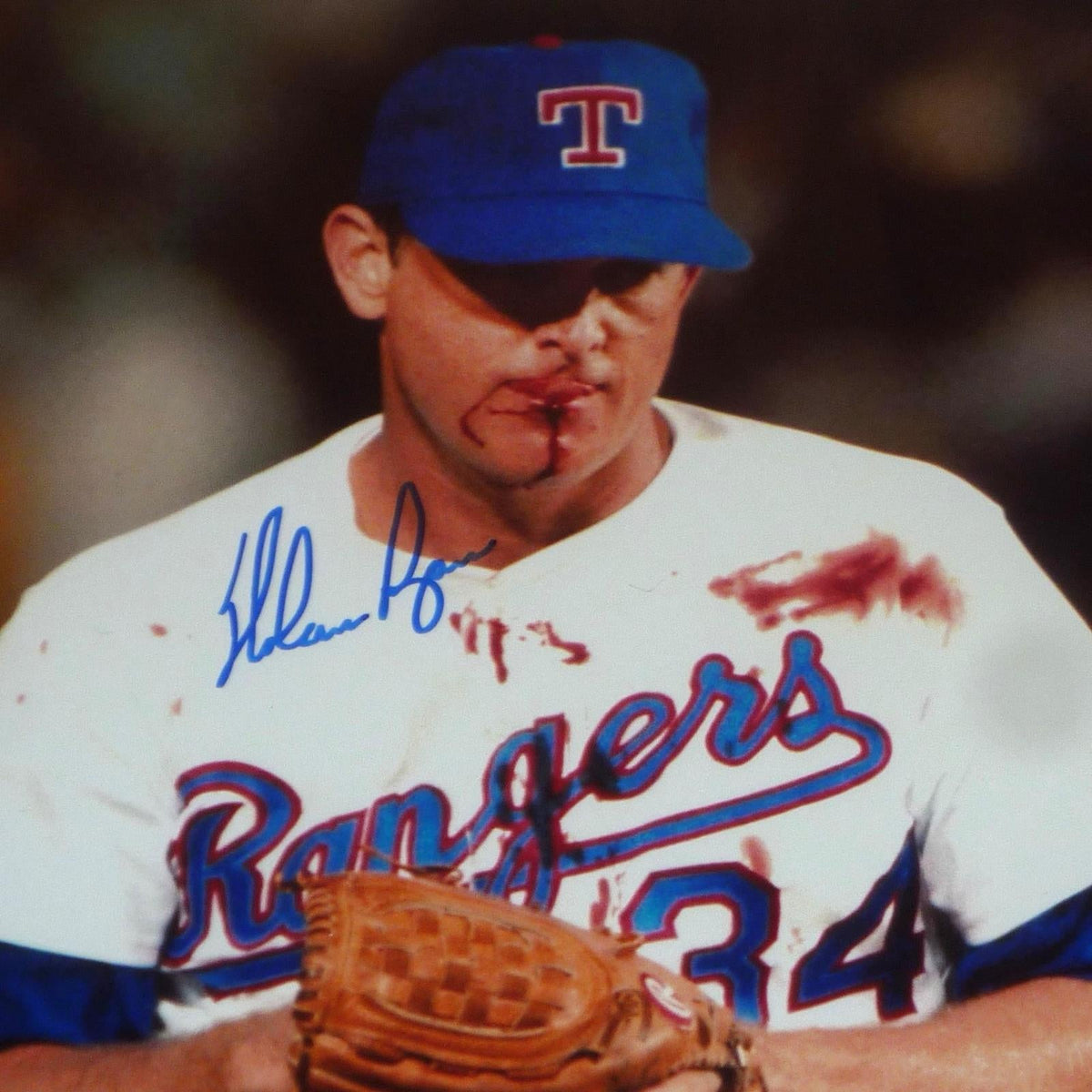 Autographed Nolan Ryan Texas Rangers (Bloody Lip) Deluxe Framed 8x10 Photo - Beckett
