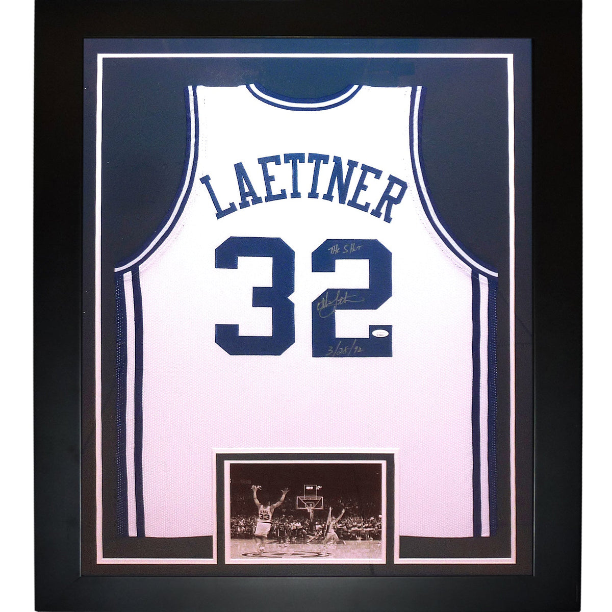 Autographed Christian Laettner Duke Blue Devils (White #32) Deluxe Framed Jersey w/ "The Shot, 3/28/92" - JSA-Powers Sports Memorabilia