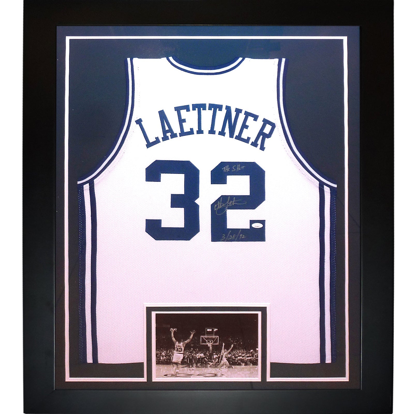 Autographed Christian Laettner Duke Blue Devils (White #32) Deluxe Framed Jersey w/ "The Shot, 3/28/92" - JSA-Powers Sports Memorabilia