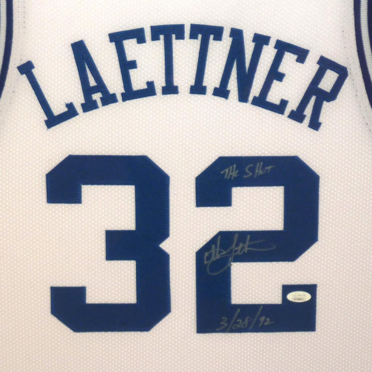 Autographed Christian Laettner Duke Blue Devils (White #32) Deluxe Framed Jersey w/ "The Shot, 3/28/92" - JSA-Powers Sports Memorabilia