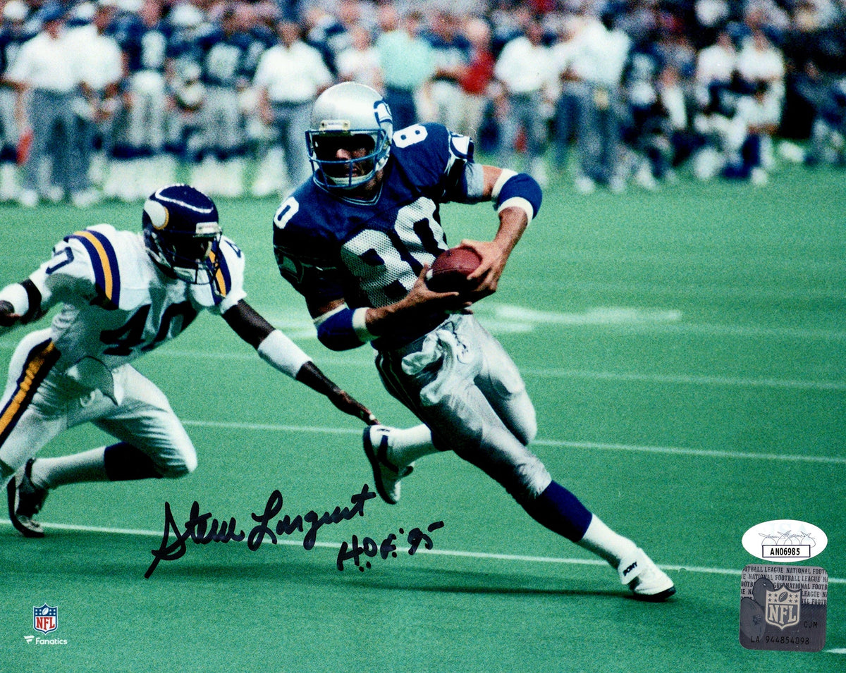 Autographed Steve Largent Seattle Seahawks (Blue Jersey) 8x10 Photo w/ "HOF 95" - JSA-Powers Sports Memorabilia