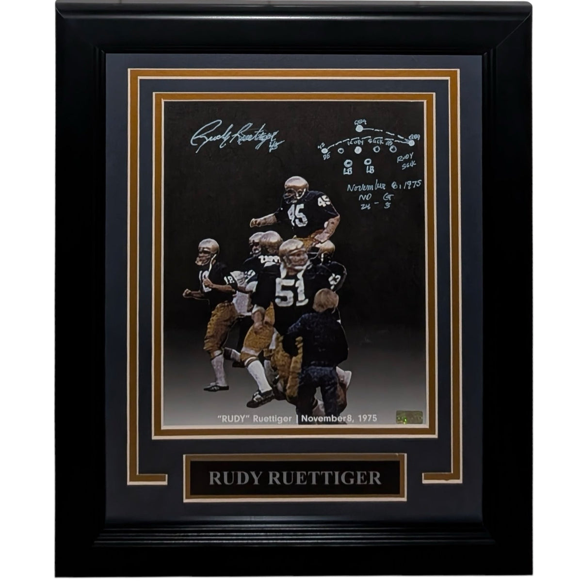 Autographed Rudy Ruettiger Notre Dame (Carried off Field) Deluxe Framed 8x10 Photo w/ Full Drawn Play-Powers Sports Memorabilia