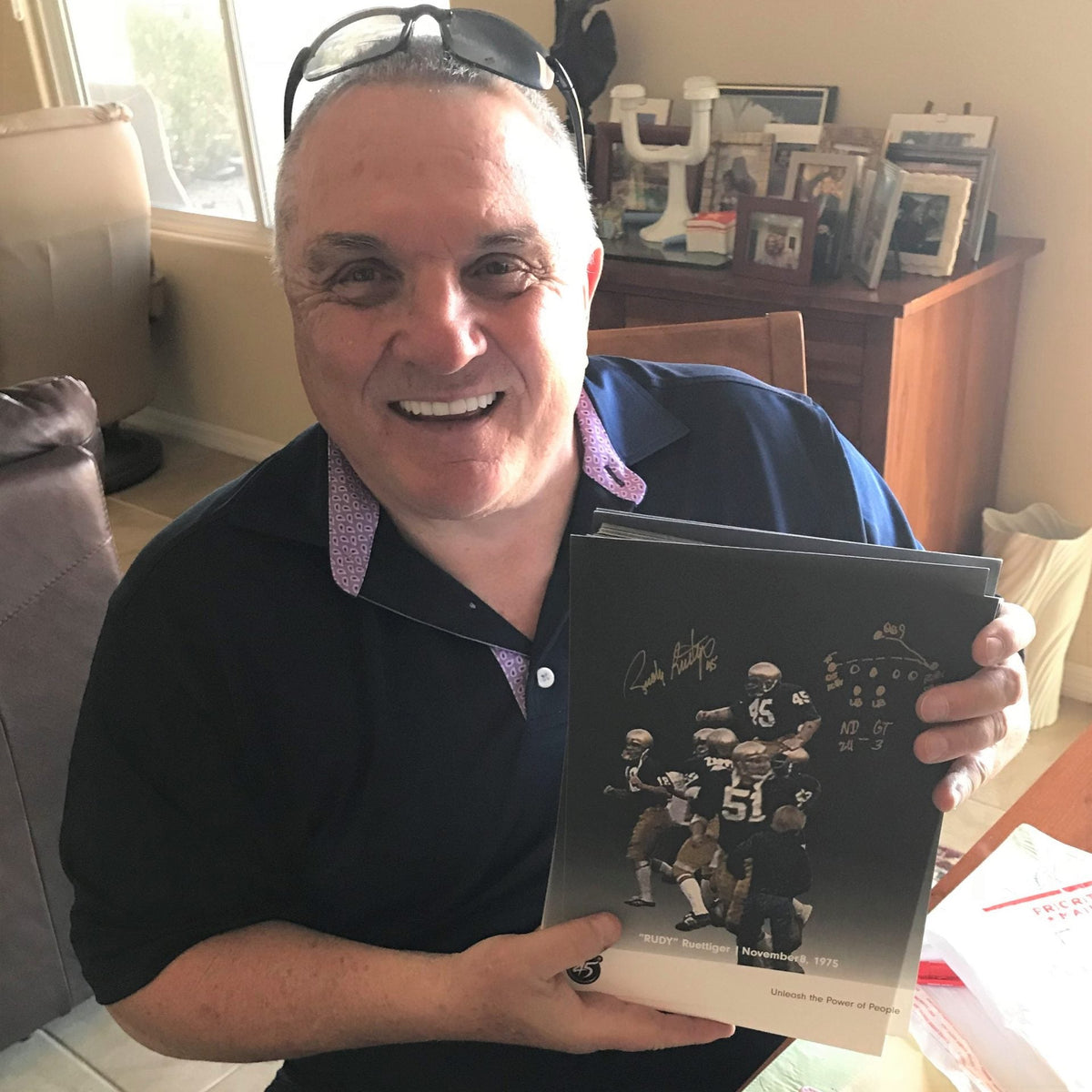 Autographed Rudy Ruettiger Notre Dame (Carried off Field) Deluxe Framed 8x10 Photo w/ Full Drawn Play-Powers Sports Memorabilia