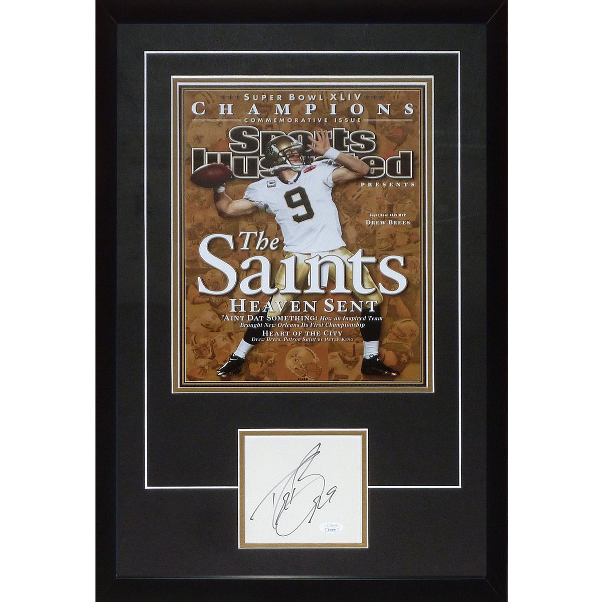 Autographed Drew Brees New Orleans Saints (Super Bowl SI Poster) Deluxe Framed 11x14 Photo Piece - JSA-Powers Sports Memorabilia