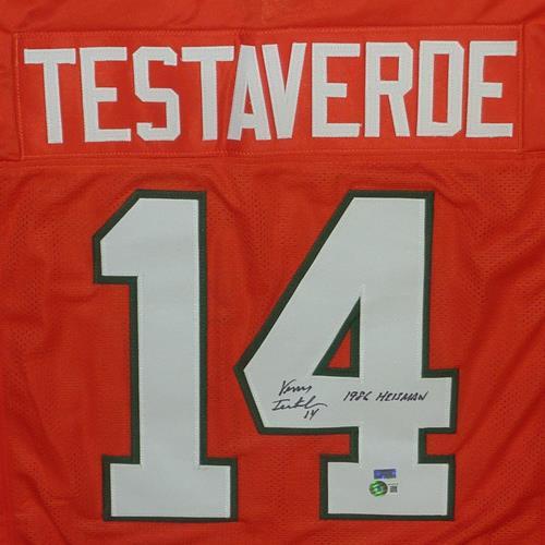 Autographed Vinny Testaverde Miami Hurricanes (Orange #14) Custom Jersey w/ "Heisman 1986" - Beckett-Powers Sports Memorabilia