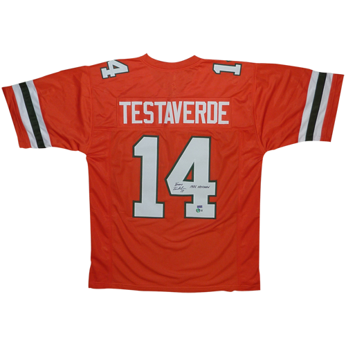 Autographed Vinny Testaverde Miami Hurricanes (Orange #14) Custom Jersey w/ "Heisman 1986" - Beckett-Powers Sports Memorabilia