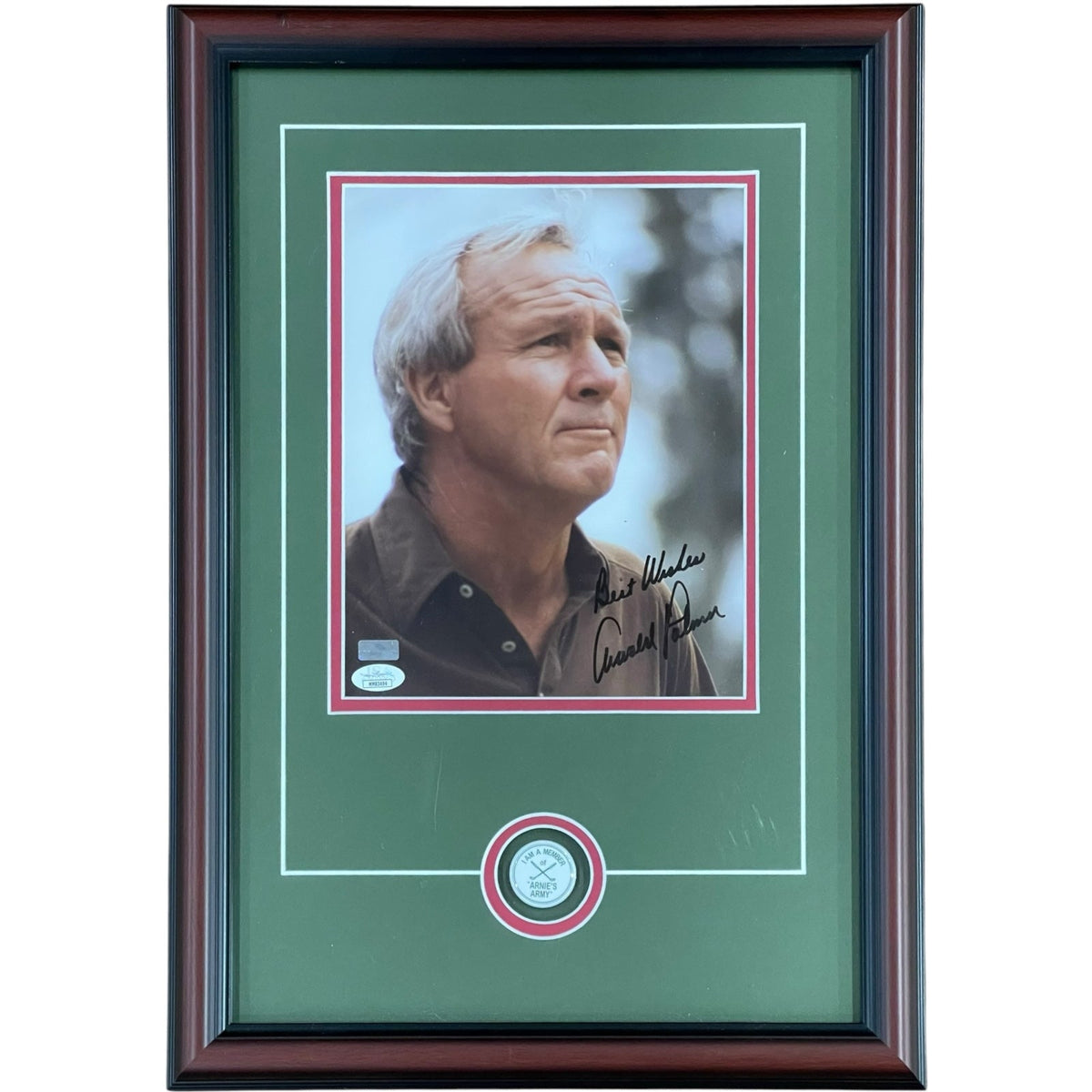 Autographed Arnold Palmer Golf 8x10 Photo Deluxe Framed with Arnie's Army Pin - JSA-Powers Sports Memorabilia