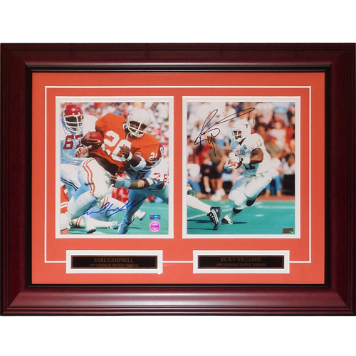Autographed Earl Campbell And Ricky Williams Texas Longhorns Deluxe Framed Heisman 8x10 Photo Piece-Powers Sports Memorabilia
