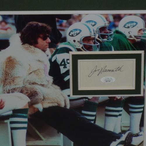 Autographed Joe Namath New York Jets (Fur Coat on Bench) Deluxe Framed 11x14 Photo with Floating Matted Signature - JSA-Powers Sports Memorabilia