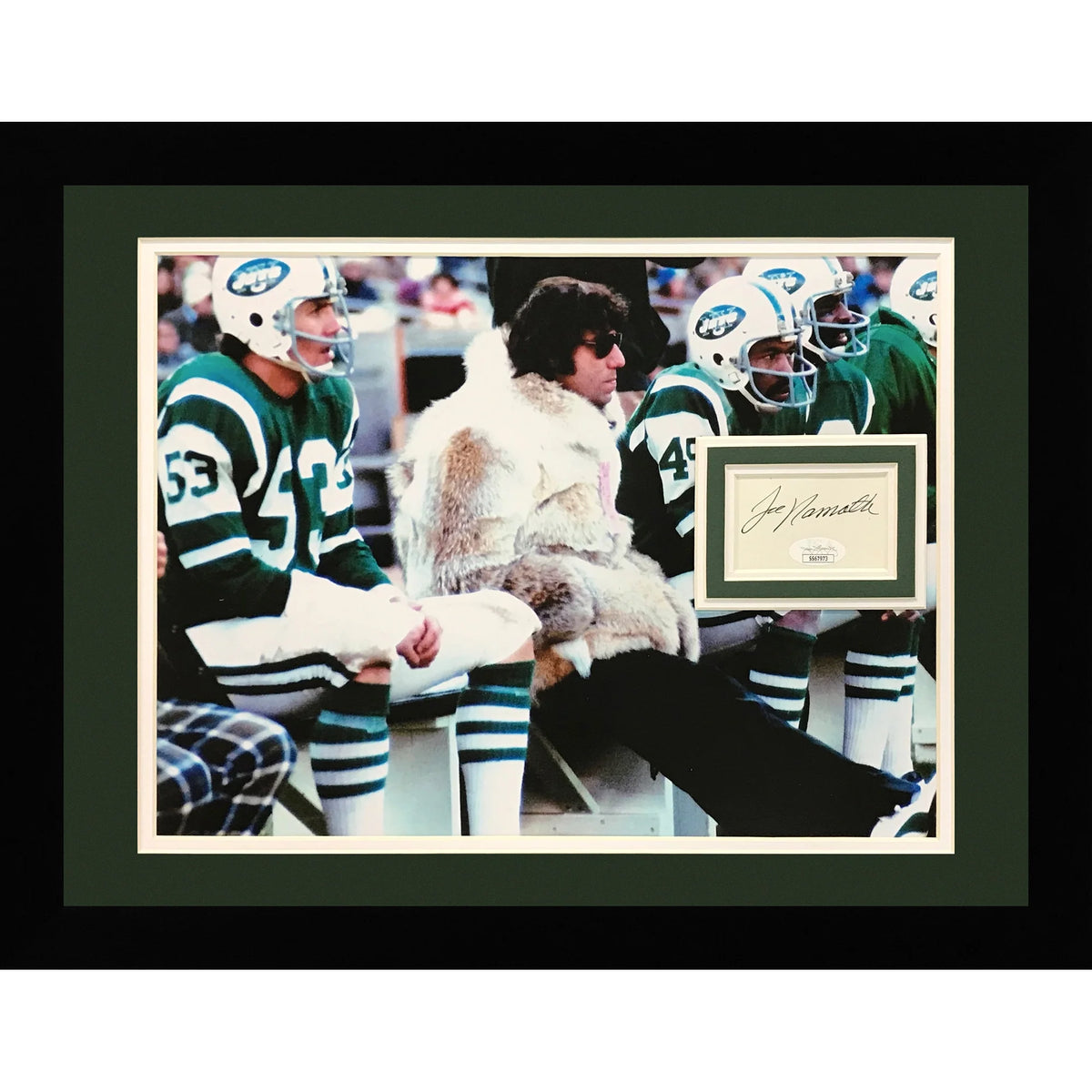 Autographed Joe Namath New York Jets (Fur Coat on Bench) Deluxe Framed 11x14 Photo with Floating Matted Signature - JSA-Powers Sports Memorabilia