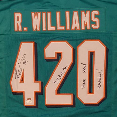 Autographed Ricky Williams Miami (Teal #420) Custom Jersey w/ "Puff, Puff, Run ", "Smoke Weed Everyday" - JSA