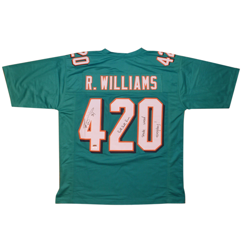 Autographed Ricky Williams Miami (Teal #420) Custom Jersey w/ "Puff, Puff, Run ", "Smoke Weed Everyday" - JSA