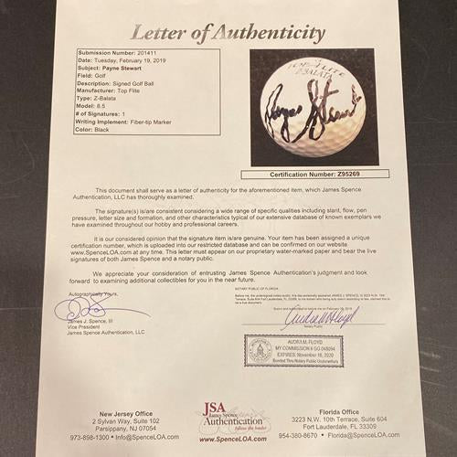 Autographed Payne Stewart Top Flight Personal P.S. Engraved Golf Ball - JSA Full Letter-Powers Sports Memorabilia