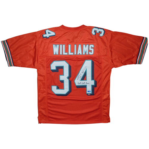 Autographed Ricky Williams Miami (Orange #34) Custom Jersey w/ Puff Puff Run - JSA-Powers Sports Memorabilia