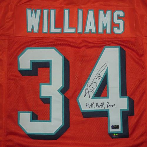 Autographed Ricky Williams Miami (Orange #34) Custom Jersey w/ Puff Puff Run - JSA-Powers Sports Memorabilia
