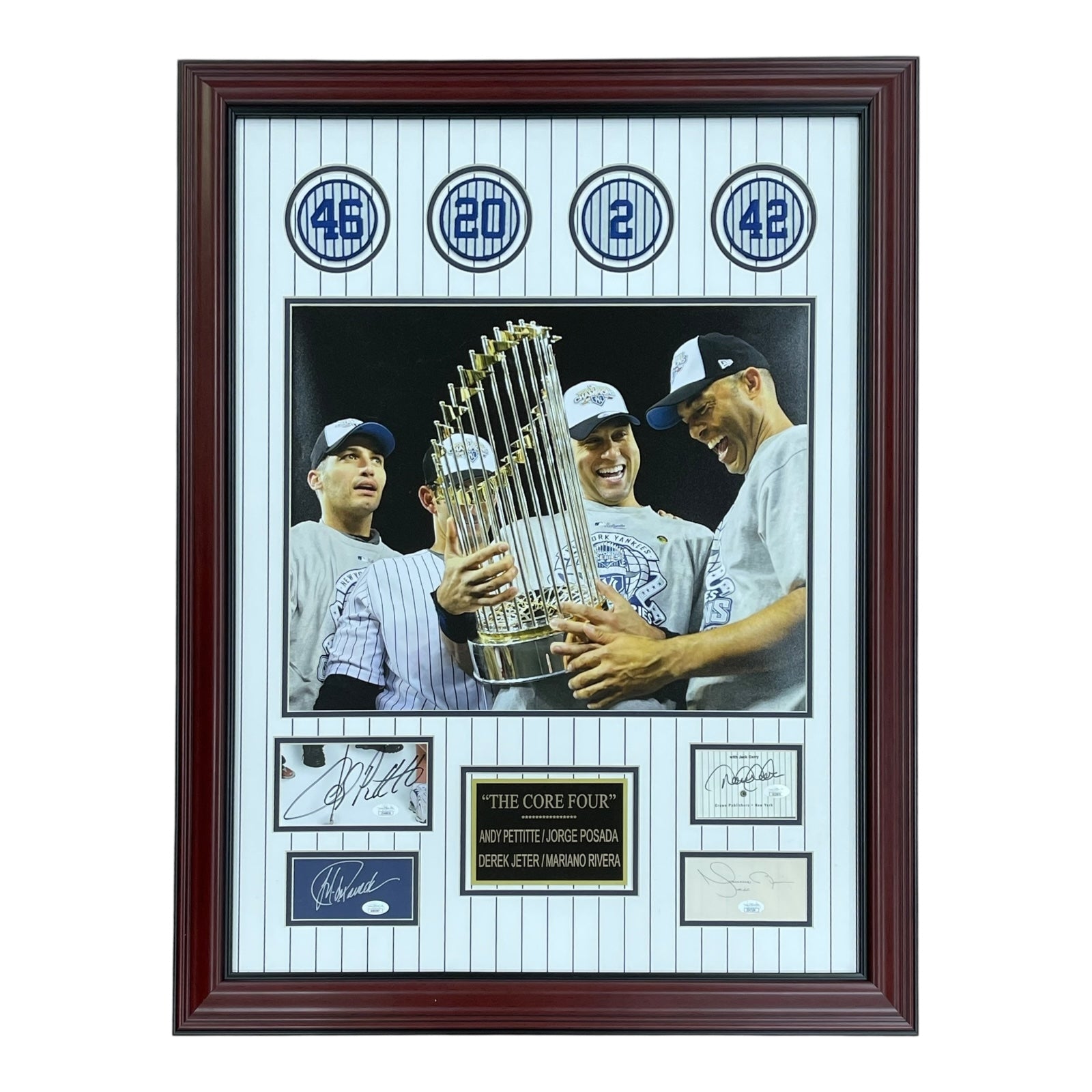 Autographed Derek Jeter, Andy Pettitte, Jorge Posada And Mariano Rivera New York Yankees (Core Four) Deluxe Framed Cut Piece with Patches - JSA-Powers Sports Memorabilia