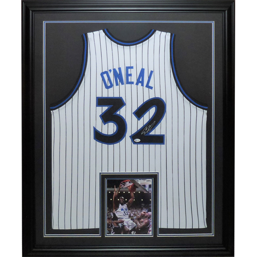 Autographed Shaquille O'Neal Orlando Magic (White Pinstripe #32) Deluxe Framed Jersey - Beckett-Powers Sports Memorabilia