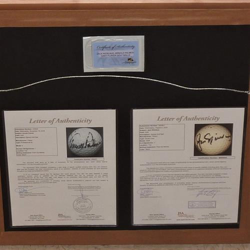 Autographed Jack Nicklaus, Arnold Palmer And Gary Player Golf Ball Shadowbox Deluxe Frame - JSA Full Letters-Powers Sports Memorabilia