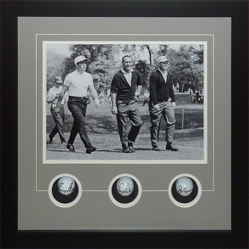 Autographed Jack Nicklaus, Arnold Palmer And Gary Player Golf Ball Shadowbox Deluxe Frame - JSA Full Letters-Powers Sports Memorabilia