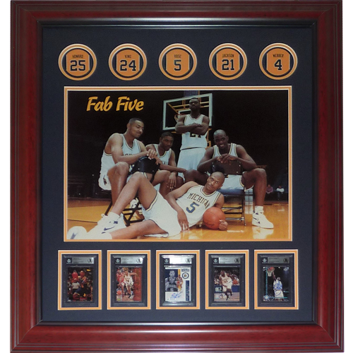 Autographed Michigan Wolverines FAB FIVE Basketball Deluxe Framed Poster with Cards - Webber, Rose, Howard, King, Jackson - Beckett Slab-Powers Sports Memorabilia