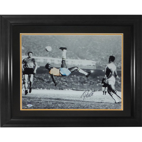 Autographed Pele Brazil Soccer (Bicycle Kick Spotlight) Deluxe Framed 16x20 Photo - PSA/DNA-Powers Sports Memorabilia