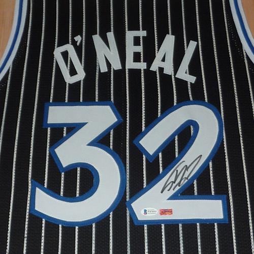 Autographed Shaquille O'Neal Orlando Magic (Black Pinstripe #32) Deluxe Framed Jersey - Beckett-Powers Sports Memorabilia