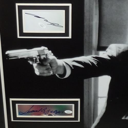 Pulp Fiction Duo with Guns Full-Size Movie Poster Deluxe Framed with John Travolta And Samuel L. Jackson Autographs - JSA-Powers Sports Memorabilia