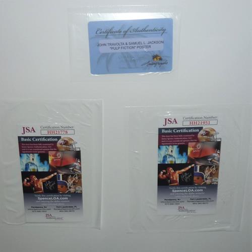 Pulp Fiction Duo with Guns Full-Size Movie Poster Deluxe Framed with John Travolta And Samuel L. Jackson Autographs - JSA-Powers Sports Memorabilia