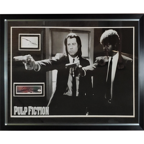 Pulp Fiction Duo with Guns Full-Size Movie Poster Deluxe Framed with John Travolta And Samuel L. Jackson Autographs - JSA-Powers Sports Memorabilia